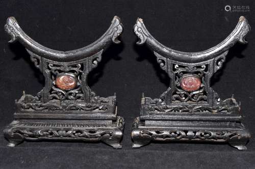 Pair of Antique Chinese Wood Framed with Carved