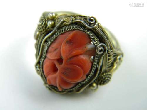 Antique Chinese Carved Coral Silver Filigree Ring