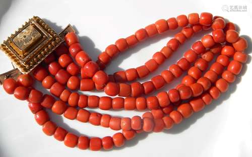 Huge Antique Red Coral Three String Necklace 18K Gold