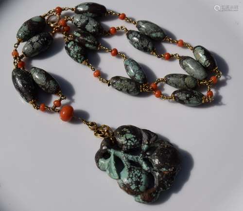 Antique Chinese 14K Gold Red Coral Turquoise Necklace