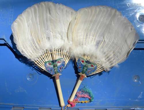 Pair of Antique Enamel and Feather Fans