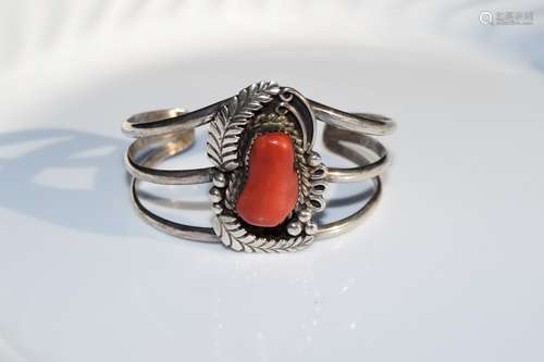 Antique Silver Red Coral Bracelet