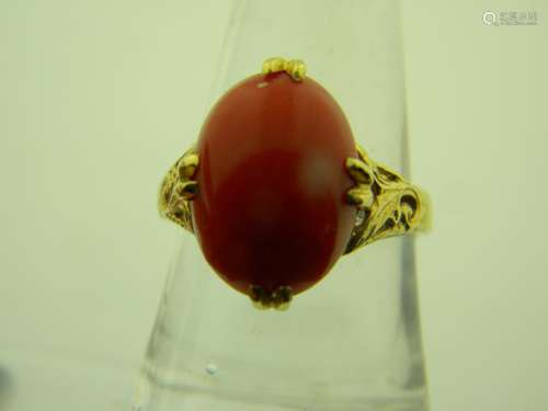 14K Gold Red Coral Ring