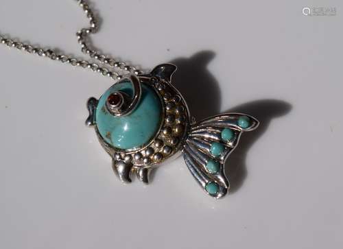 Vintage Silver Turquoise Fish Pendant