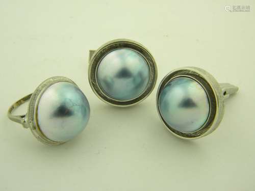 Heavy Three 14K Gold Pearl Ring and Cuff Links, marked