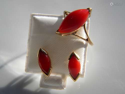 Set of 14K Gold Red Coral Ring and Earrings, marked 14K