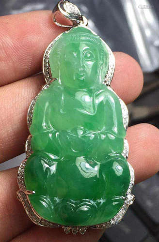 18K White Gold Diamond Green Jadeite Guanyin Pendant