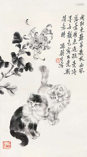 孙菊生 猫菊 立轴 纸本水墨