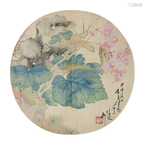 任薰（1835～1893） 花卉 圆光镜心 绢本设色