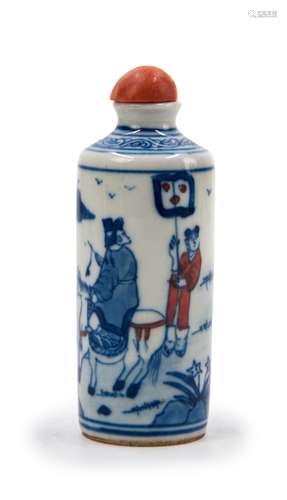 青花釉里紅人物故事鼻煙壺 BLUE AND WHITE FIGURAL SNUFF BOTTLE