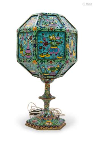 清 薄胎景泰藍檯燈 THIN TURQUOISE GROUND HEXAGONAL LAMP; QING DYNASTY