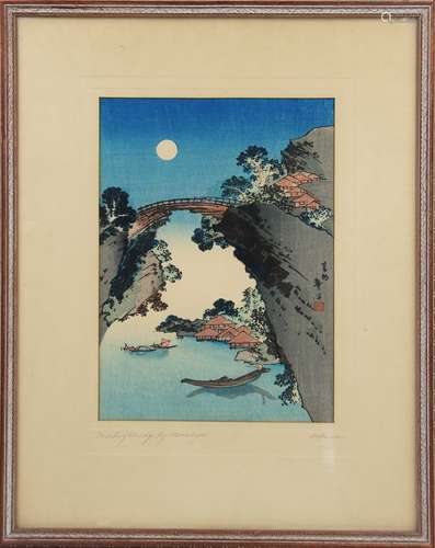 日本木版畫 MONKEY BRIDGE BY MOONLIGHT, WOOD BLOCK PRINT