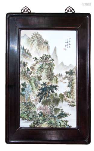 張志湯 粉彩山水掛屏 FAMILLE ROSE PORCELAIN WALL PLAQUE; ZHANG ZHITANG