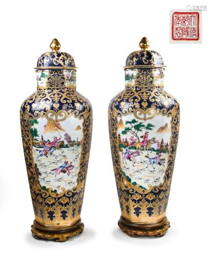 藍地鎏金粉彩人物故事蓋罐 PAIR OF EXPORT GILT LIDDED JARS