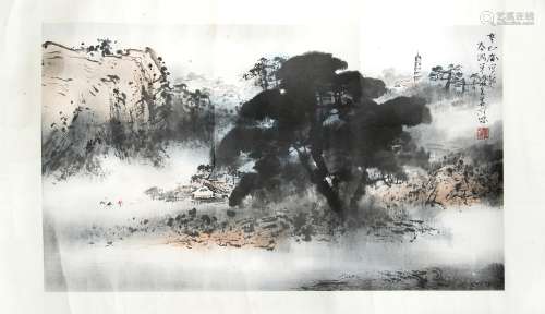 山水畫 PAINT ON PAPER DARK TREE VILLAGE