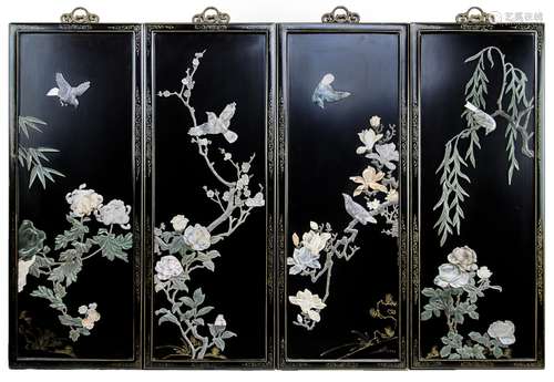 花鳥掛屏一套 STONE INSET BIRDS AND FLOWERS HANGING PLAQUES