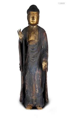江戶時代 日本鎏金釋迦牟尼立像 LARGE CARVED GILT WOOD STANDING BUDDHA; EDO PERIOD
