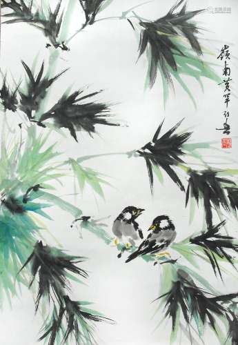 黃幻吾（1906-1985）竹雀圖，題識：嶺南黃罕幻吾 PAINT ON PAPER OF BIRDS AND BAMBOO; HAUNG HAN