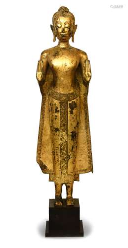 泰國十九世紀 銅鎏金釋迦牟尼佛立像 ( 洛杉磯比華利私人藏家購于80世紀香港佳士得 ) STANDING BRONZE BUDDHA; 19TH CENTURY