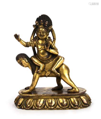 19世紀 銅鎏金騎人護法造像 BUDDHA RIDING A MAN; 19TH CENTURY