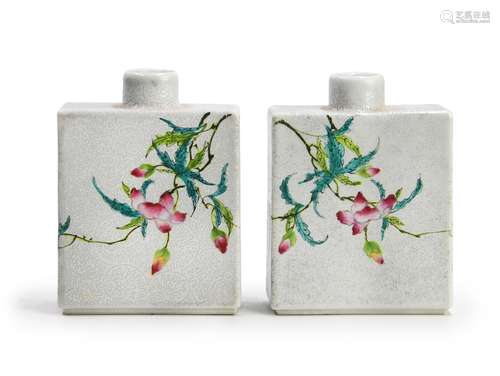 清 “慎德堂”粉彩花卉瓶一對 PAIR OF SQUARE PEACH BLOSSOM BOTTLES; QING DYNASTY