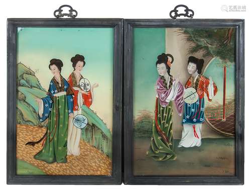 玻璃畫 人像一對 PAIR OF REVERSE PAINTED GLASS (4 LADIES)