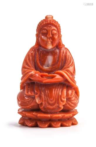 珊瑚雕佛坐像 CARVED CORAL BUDDHA ON LOTUS