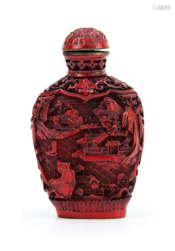 剔紅漆雕山水鼻煙壺 CINNABAR LACQUER CARVED SNUFF BOTTLE