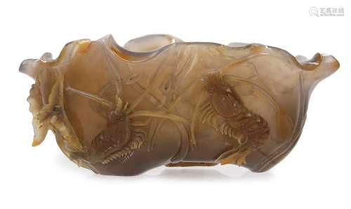 清 瑪瑙水洗 AGATE CARVED PRAWN BOWL; QING DYNASTY