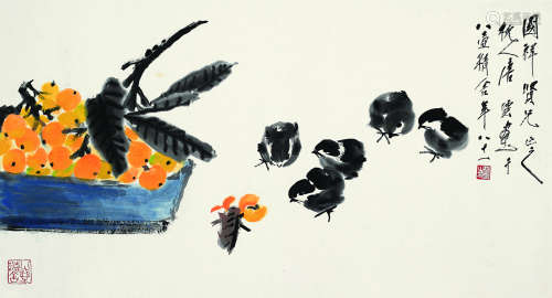 唐云（1910～1993） 枇杷小鸡 镜心 设色纸本