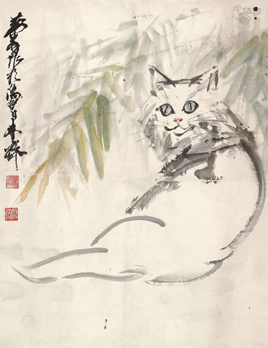 黄胄（1925～1997） 猫竹图 立轴 设色纸本