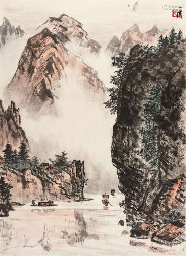 陶一清（1914～1986） 峡江帆影 立轴 设色纸本