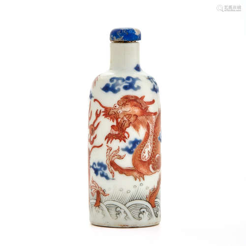 Chinese Blue, White and Iron Red Enamel Porcelain Snuff Bottle