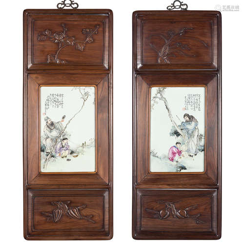 Pair of Chinese Famille Rose Enamel Porcelain Plaques