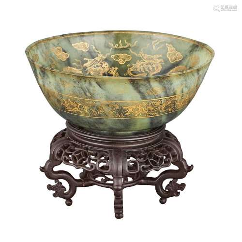 Chinese Gilt Decorated Celadon Jade 'Dragon' Bowl