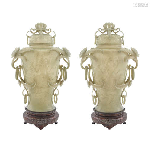 Pair of Chinese Mughal Style Celadon Jade Covered Vases