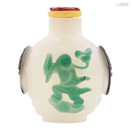 Chinese Black, Red and Green Overlay White Glass Snuff Bottle