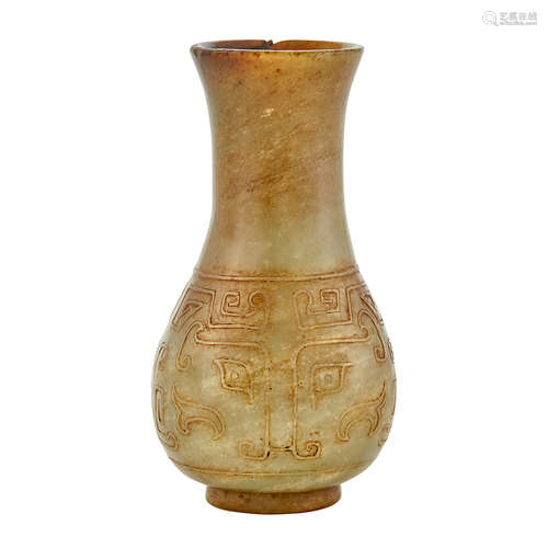 Chinese Celadon and Russest Jade Archaistic Vase