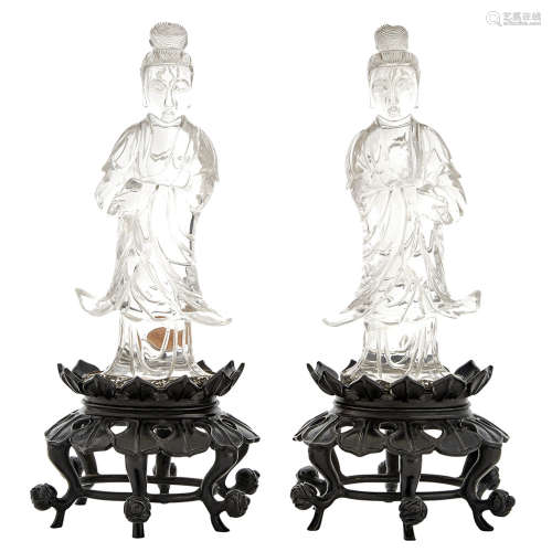Pair of Chinese Rock Crystal Figures of Female Immortals