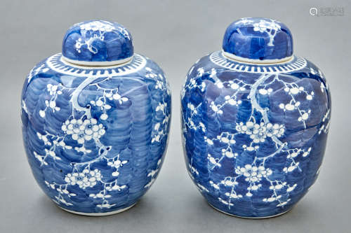 Two Similar Chinese Blue and White Glazed Porcelain 'Prunus' Ginger Jars