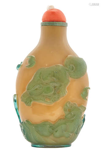 Chinese Green Overlay Mustard Yellow Glass Snuff Bottle