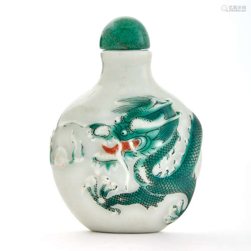 Chinese Enamel and Molded Porcelain Dragon Snuff Bottle