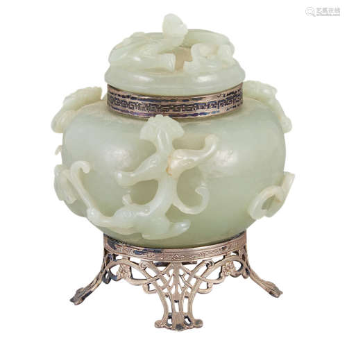 Chinese Celadon Jade Covered Bowl Mounted as an Inkwell