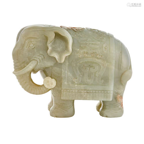 Chinese Celadon Jade Figure of a Comparisoned Elephant