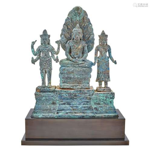 Khmer Bronze Triad Figural Group