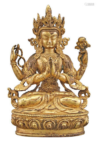 Sino-Tibetan Gilt-Bronze Figure of Shadakshari Lokeshvara