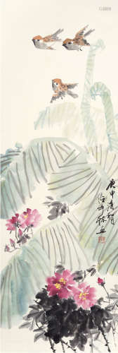 张辛稼（1909～1991） 芭蕉麻雀 立轴 设色纸本
