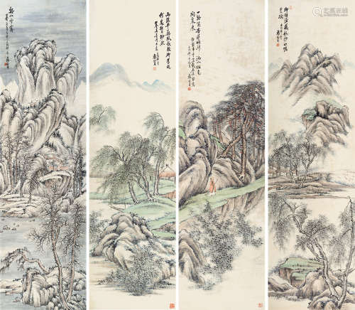 袁培基（1856～1943） 仿古山水 四屏 立轴 设色纸本