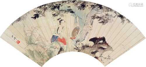 胡也佛（1908～1980） 梧桐仕女 扇片 设色纸本
