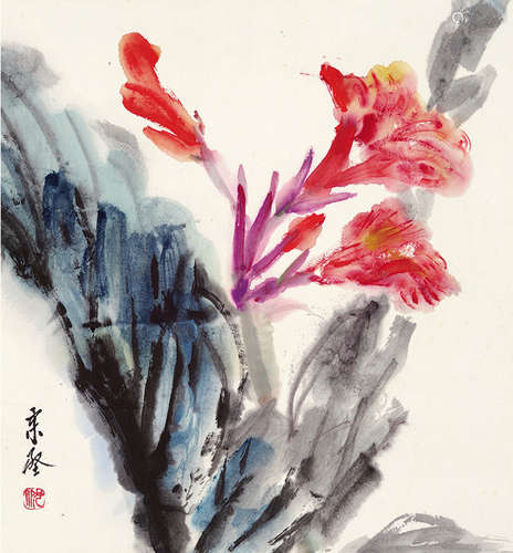 沈柔坚（1919～1998） 鸡冠花 镜片 设色纸本